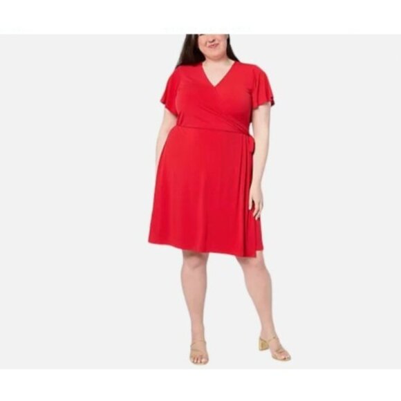 Susan Graver Womens Red liquid knit faux Wrap Dress side tie Size 1X plus - Picture 1 of 6